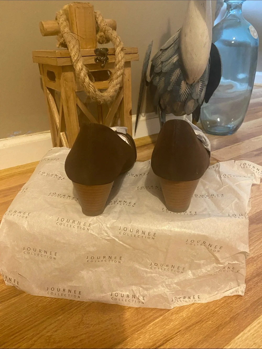 Journee Collection Brown Faux-Leather Wedge Pumps with Bow and Gold Accent